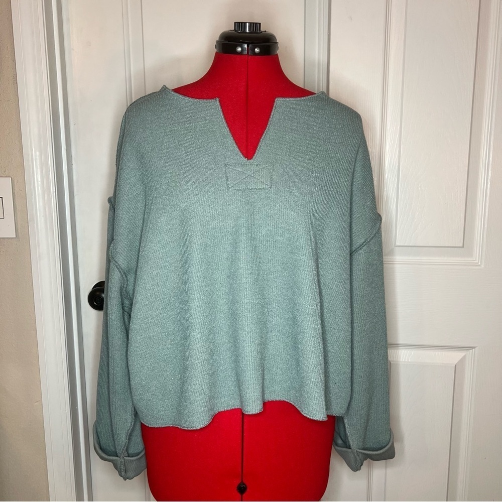 Urban Outfitters Jax Inside Out Notch Neck Ribbed Shirt Green Womens M